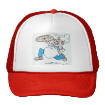 Homme de pizza courant avec la pizza casquette de camionneur