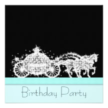 Horse Carriage Teal Blue Princess Birthday Party Custom Invitations