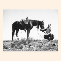 Horse eating from a cowboy's hat. postcards