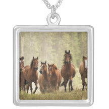Horses cresting small hill during roundup, 2 personalized necklace