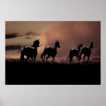 Horses running wild at sunset poster
