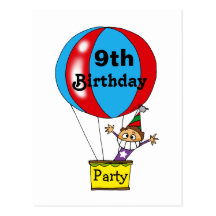 Hot air balloon 9th birthday party invitations post cards