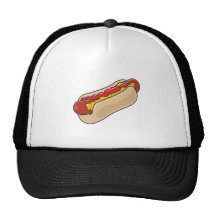 hot dog in bun with ketchup and mustard graphic trucker hat