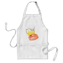Hot dog on a bun and beer with all the fixin's apron