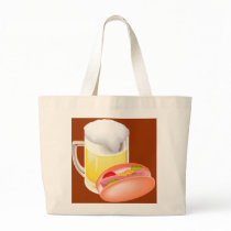 Hot dog on a bun and beer with all the fixin's tote bags