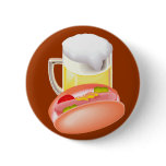 Hot dog on a bun and beer with all the fixin's pins