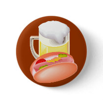Hot dog on a bun and beer with all the fixin's pins