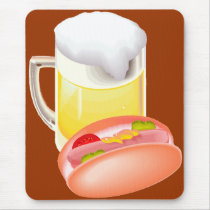 Hot dog on a bun and beer with all the fixin's mousepads