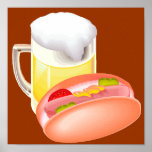 Hot dog on a bun and beer with all the fixin's posters