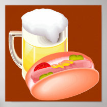 Hot dog on a bun and beer with all the fixin's print