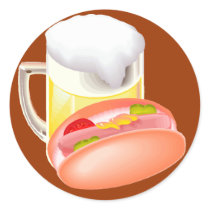 Hot dog on a bun and beer with all the fixin's stickers