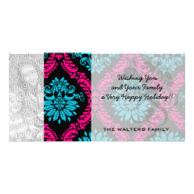 hot pink and aqua blue black ornate damask personalized photo card