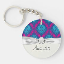 hot pink and aqua blue navy ornate damask round acrylic keychains