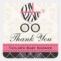 Hot Pink and Black Zebra Baby Carriage Thank You Square Sticker