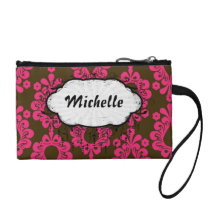 hot pink and brown damask design coin wallet