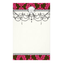 hot pink and brown damask design custom stationery