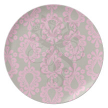 hot pink and brown damask design dinner plate