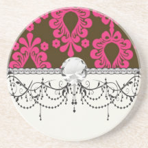 hot pink and brown damask design drink coasters