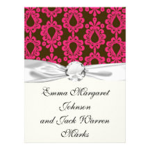hot pink and brown damask design custom invitations