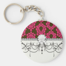hot pink and brown damask design key chain