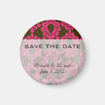 hot pink and brown damask design refrigerator magnet
