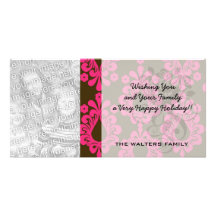 hot pink and brown damask design photo greeting card