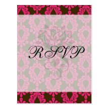 hot pink and brown damask design post cards
