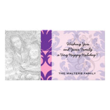 hot pink and deep purple pretty damask pattern personalized photo card