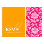 Hot Pink and Orange Damask RSVP Postcard