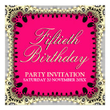 Hot Pink & Black 50th Tribal Lace Birthday Party Invitations