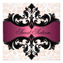 Hot Pink & Black Floral Damask Birthday Invitation