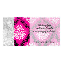 hot pink black white ornate damask photo greeting card