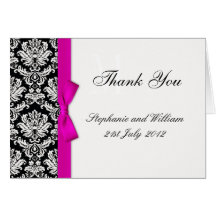 Hot Pink Bow Damask Wedding Thank You Cards