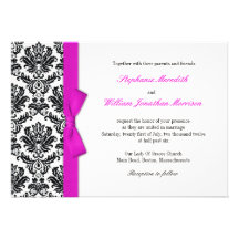 Hot Pink Bow with Damask Wedding Invitation