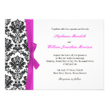 Hot Pink Bow with Damask Wedding Invitation