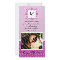 Hot Pink Damask Initial Graduation Photo Card
