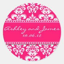 Hot Pink Damask Names and Date Wedding Stickers stickers