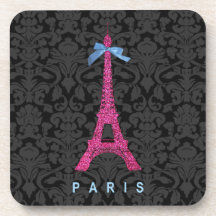 Hot Pink Eiffel Tower in faux glitter Beverage Coaster