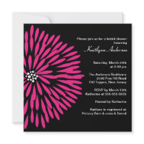 Hot Pink Flower on Black Bridal Shower Invitation