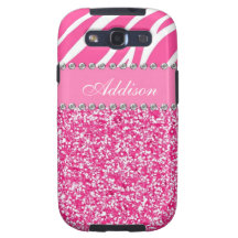 Hot Pink Glitter Zebra Print Rhinestone Girly Case Samsung Galaxy S3 Cases