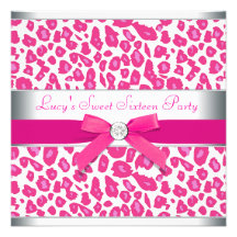 Hot Pink Leopard Bow Pink Leopard Sweet 16 Party Custom Announcements