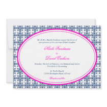 Hot pink navy oval beaded preppy custom wedding invites