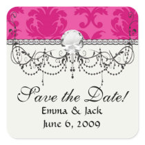 hot pink on pink chic damask pattern square sticker