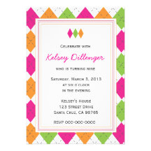 Hot Pink, Orange & Lime Argyle Custom Invites