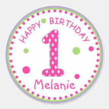 Hot Pink Polka Dot Happy Birthday Number 1 Round Stickers