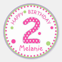 Hot Pink Polka Dot Happy Birthday Number 2 Round Stickers