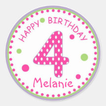 Hot Pink Polka Dot Happy Birthday Number 4 Round Sticker