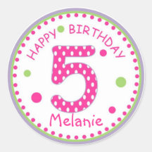 Hot Pink Polka Dot Happy Birthday Number 5 Sticker
