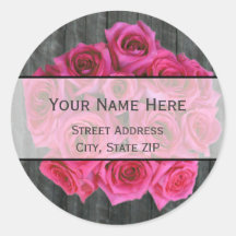 Hot Pink Rose Bouquet & Barnwood Address Label Round Sticker