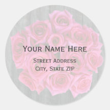 Hot Pink Rose Bouquet & Barnwood Address Label Round Sticker